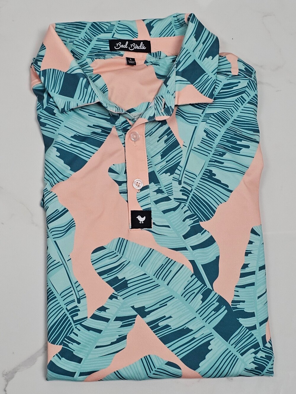 Bad Birdie Men's Large Floral Palm Leaf Golf Polo Shirt Short Sleeve Pink Teal
